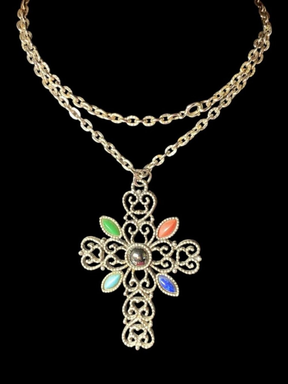 Avon Necklace 1972 24”silver Tone  W/3” Cross Faux Stones